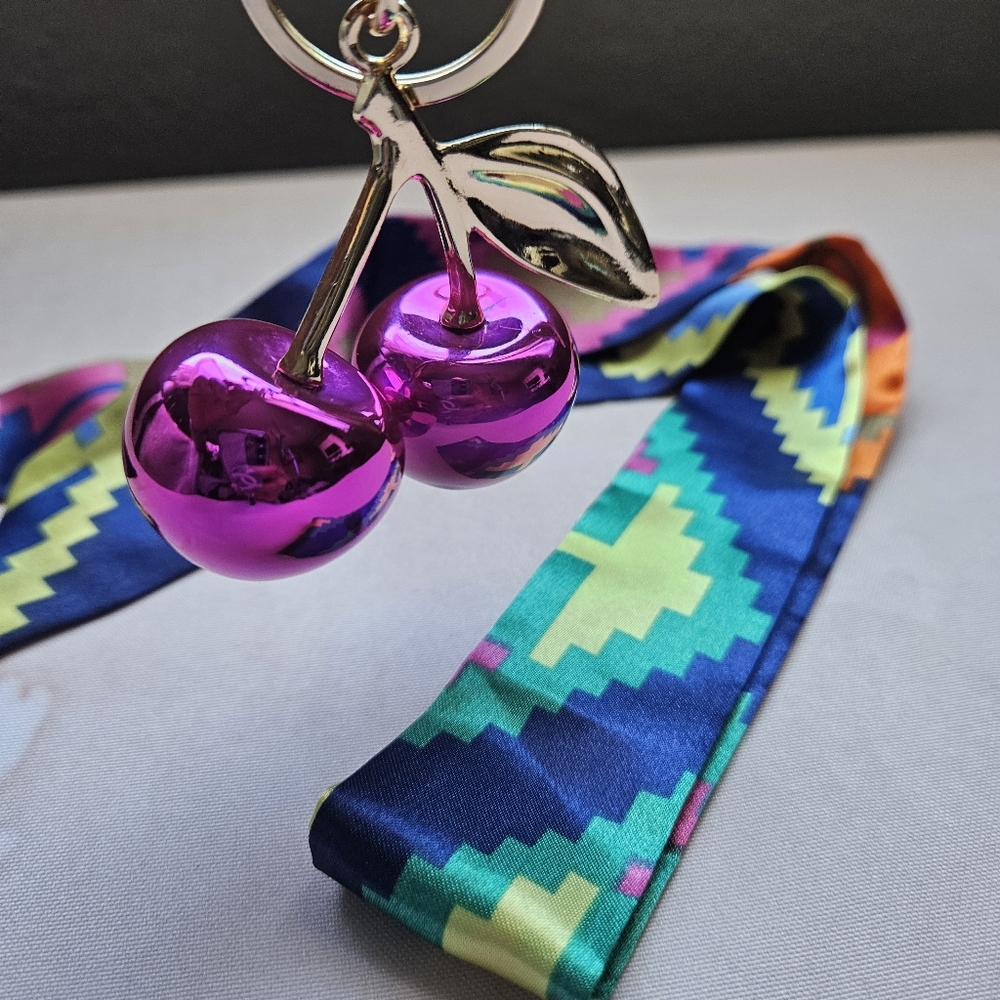 Metallic Fuchsia Cherries 🍒 Keychain/ Bag Charm With Colorful Geometric Twilly